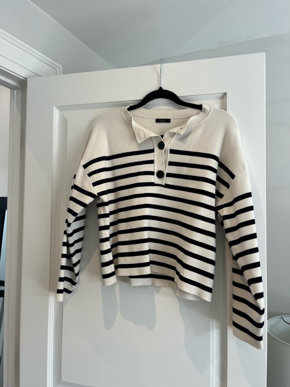 Massimo Dutti Cream and Black Striped Polo Knit Top